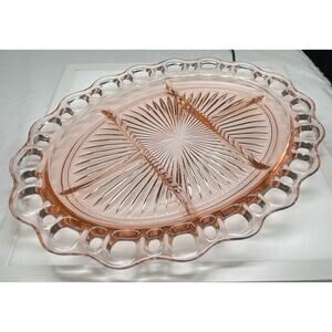 Vintage Anchor Hocking Open Lace Pink Depression Glass Divided Relish Tray Dish